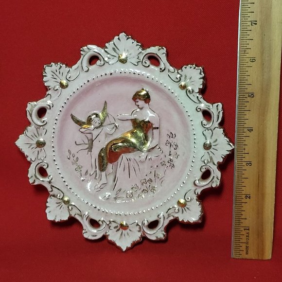 VTG Decorative Dish Cupid & Victorian Woman Gold Pink Painted Fluer De Lis Borde - Picture 9 of 11